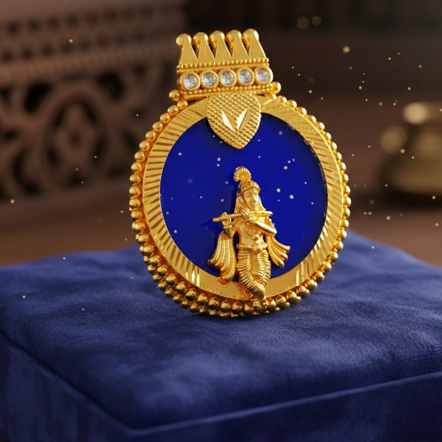 Gold and blue decorative item with a Gold Plated Krishna Pendant on a blue cushion
