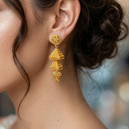 Close-up of a person wearing gold plated 3 tiered Jhumka/Jimikki earrings with a blurred background