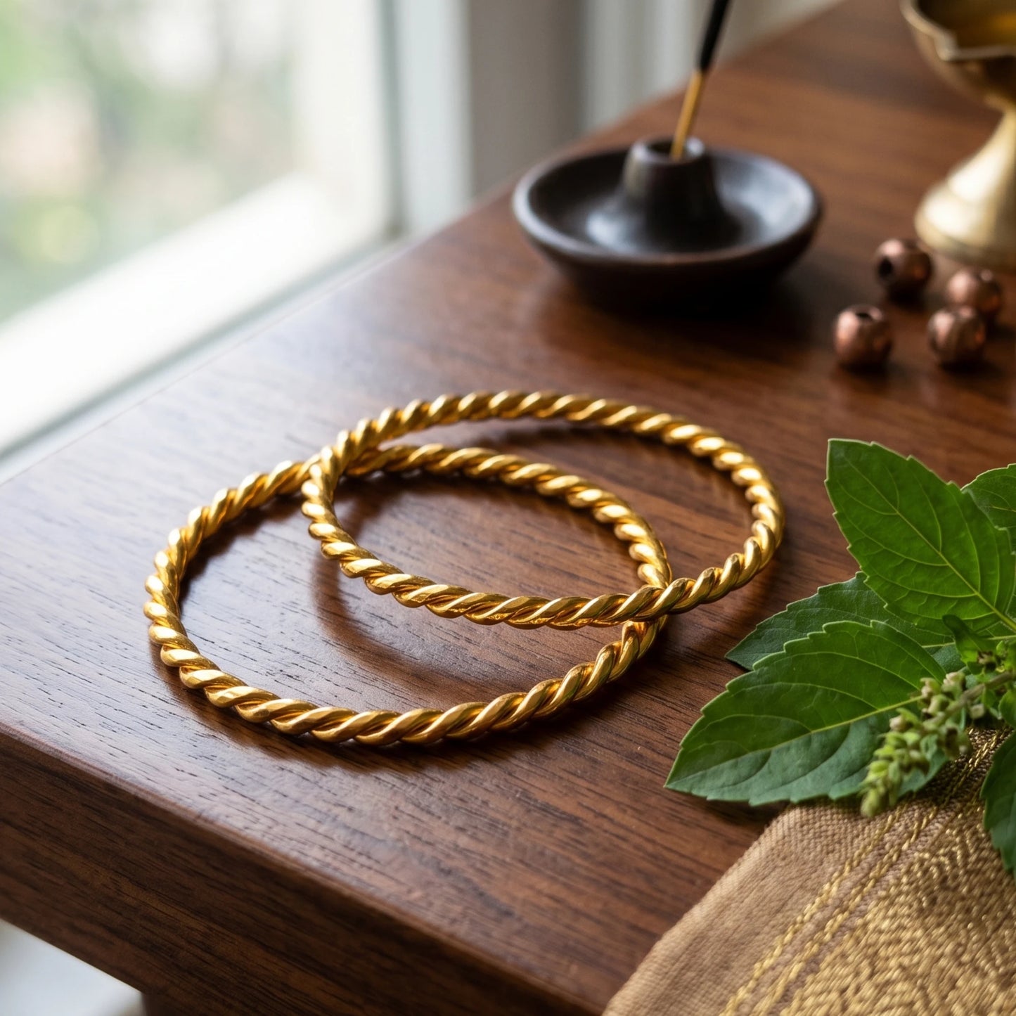 Two gold-plated twisted rope bangles displayed on a dark wooden table, with a small black dish, brass bells, green leaves, and a woven cloth nearby.