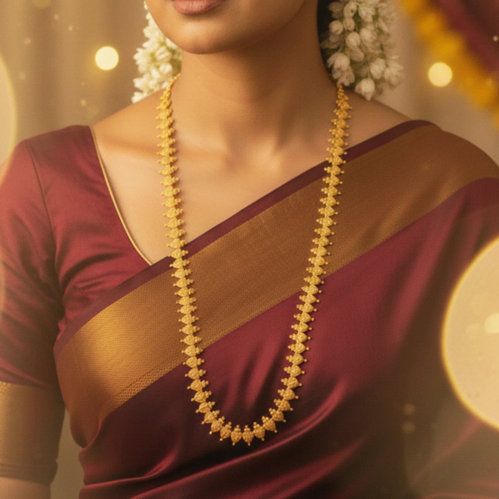 Woman wearing a maroon and brown saree with a gold plated necklace against a warm, blurred background.