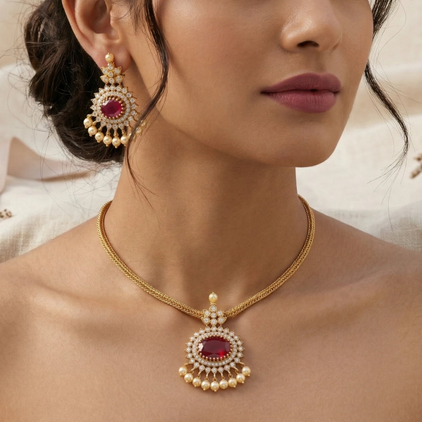 Close-up of a woman wearing a gold toned necklace with a red gemstone and matching earrings.
