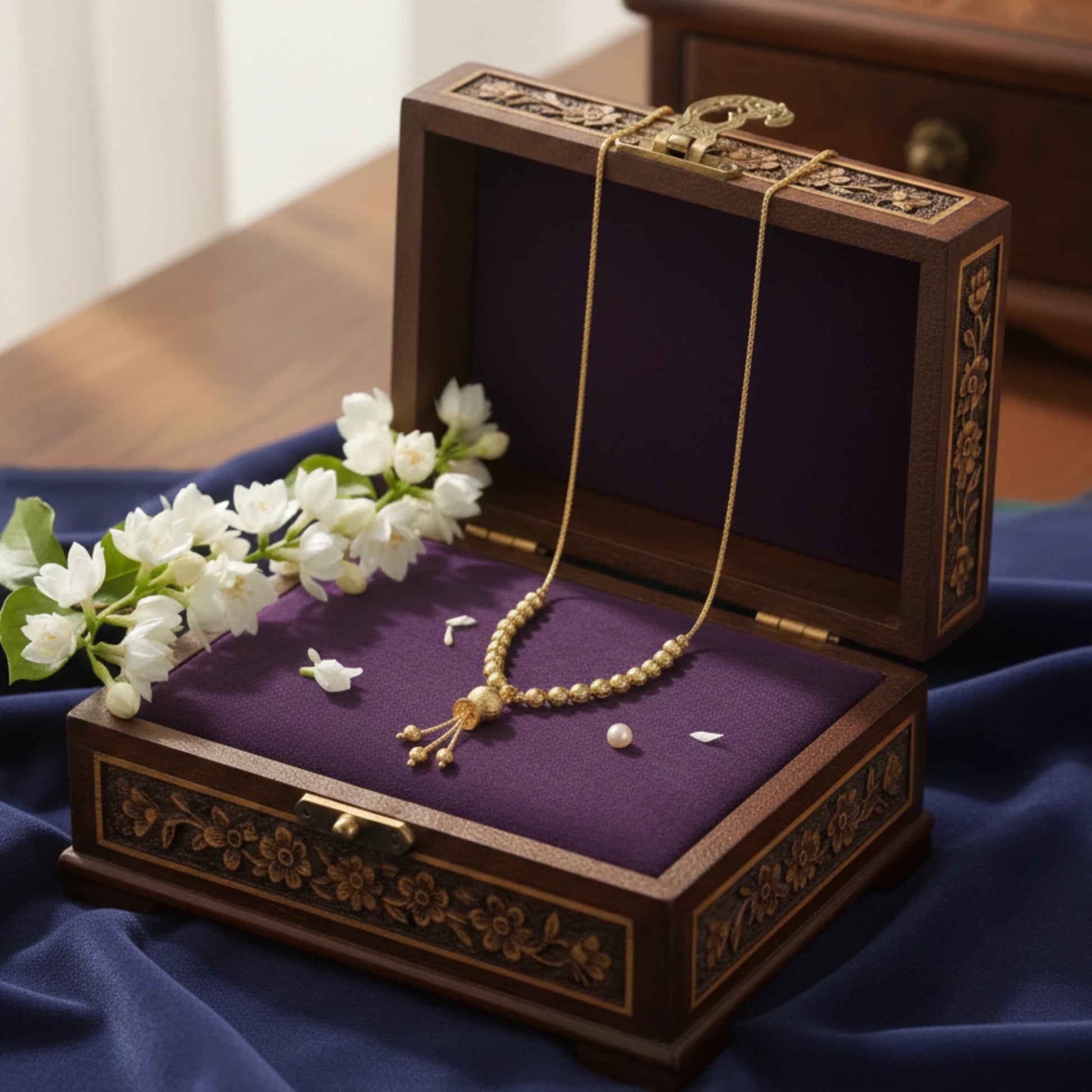 Decorative wooden jewelry box with a gold plated beaded necklace and flowers on a blue fabric background