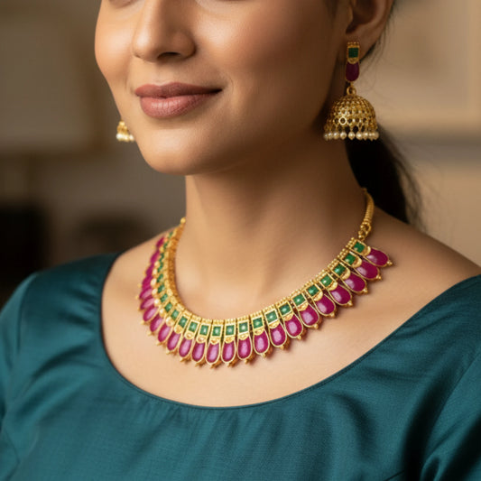Woman wearing a antique gold finish necklace with purple and green stones and matching earrings.