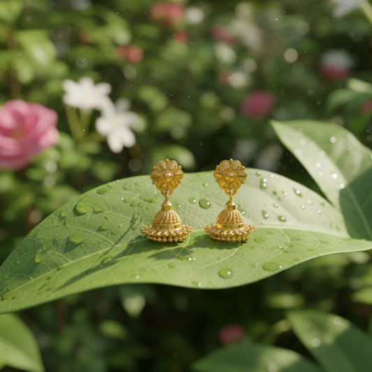 Gold plated earrings on a green leaf with flowers in the background
