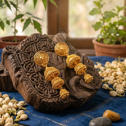 Gold Plated Triple Layer Jimikki/Jhumka - Medium Sized Festive Jewelry