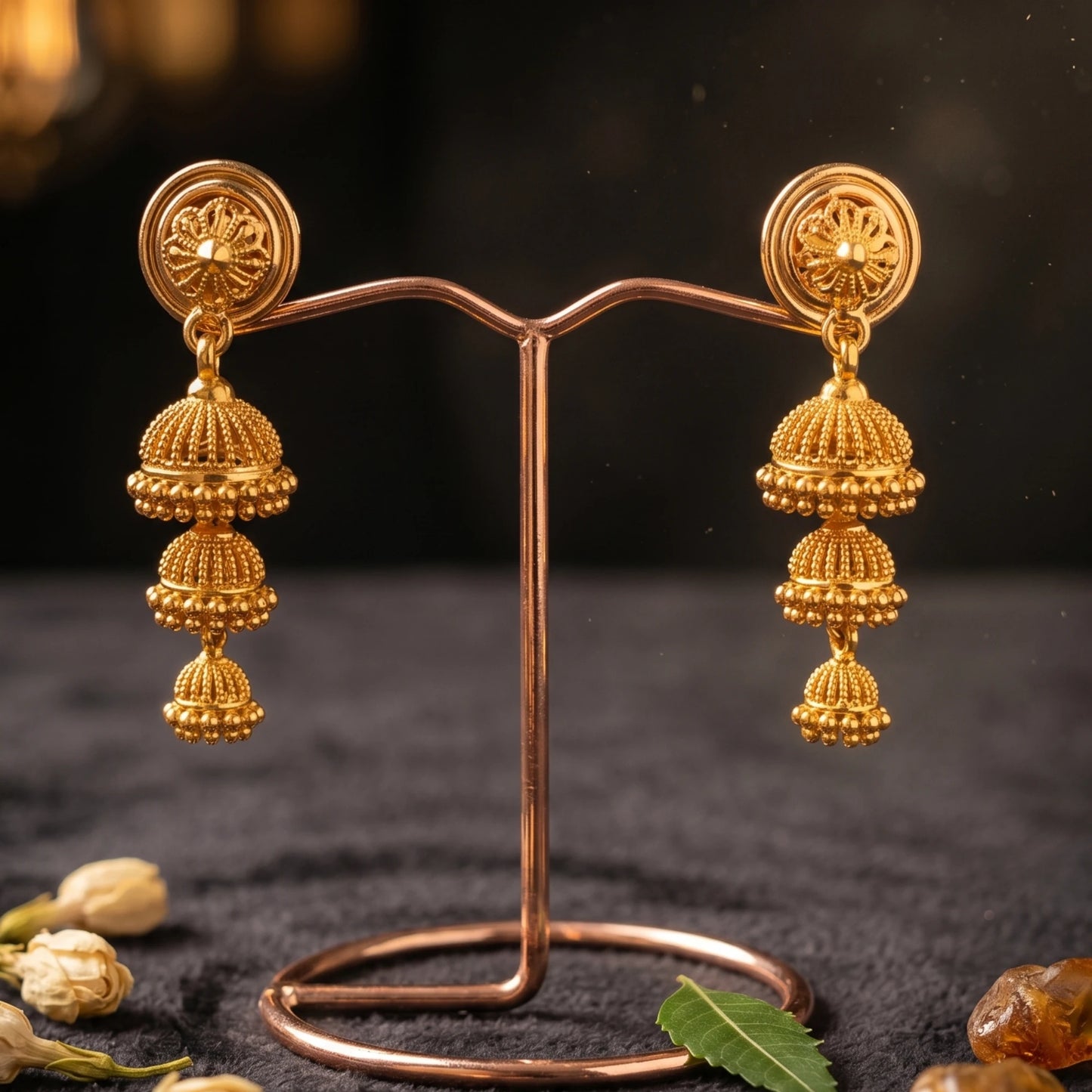 Gold Plated Triple Layer Jimikki/Jhumka - Medium Sized Festive Jewelry