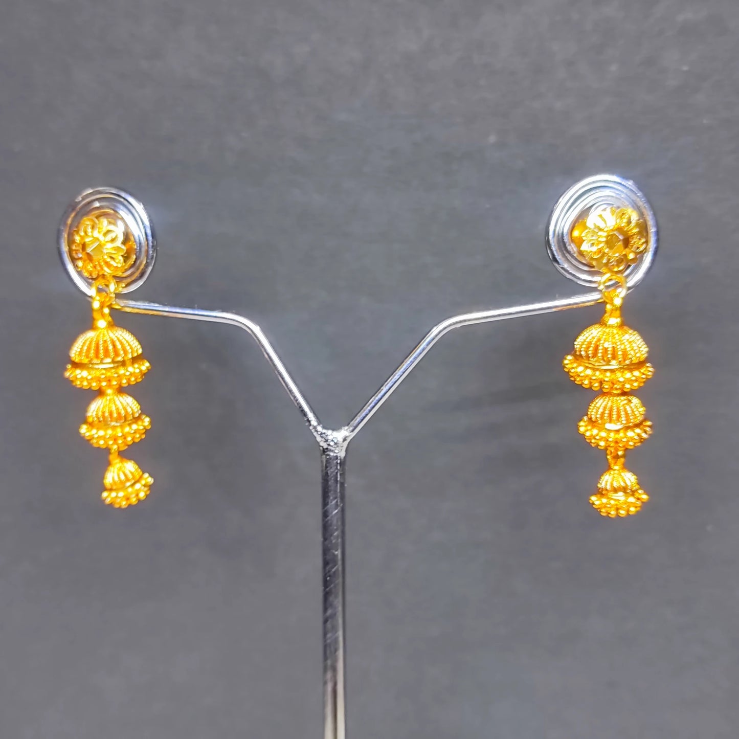 Gold Plated Triple Layer Jimikki/Jhumka - Medium Sized Festive Jewelry