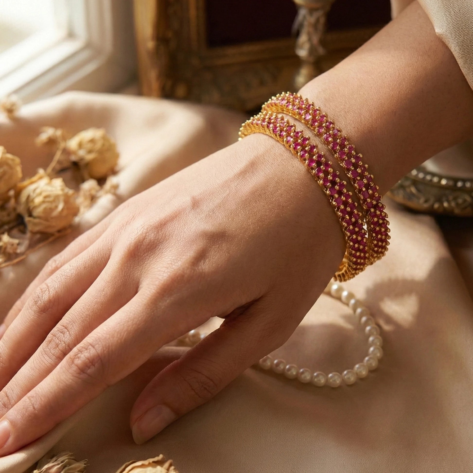 Hand wearing a pink beaded bangles with, sunlit background