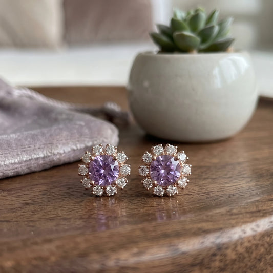 Rose Gold Plated Dainty Lavender Hue Earrings in AD stones in a closeup Shot
