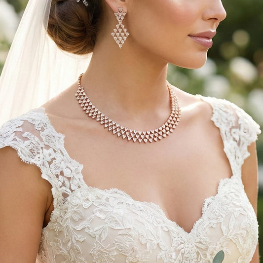 Close-up of a bride wearing a rose gold necklace and earrings with a blurred outdoor background.