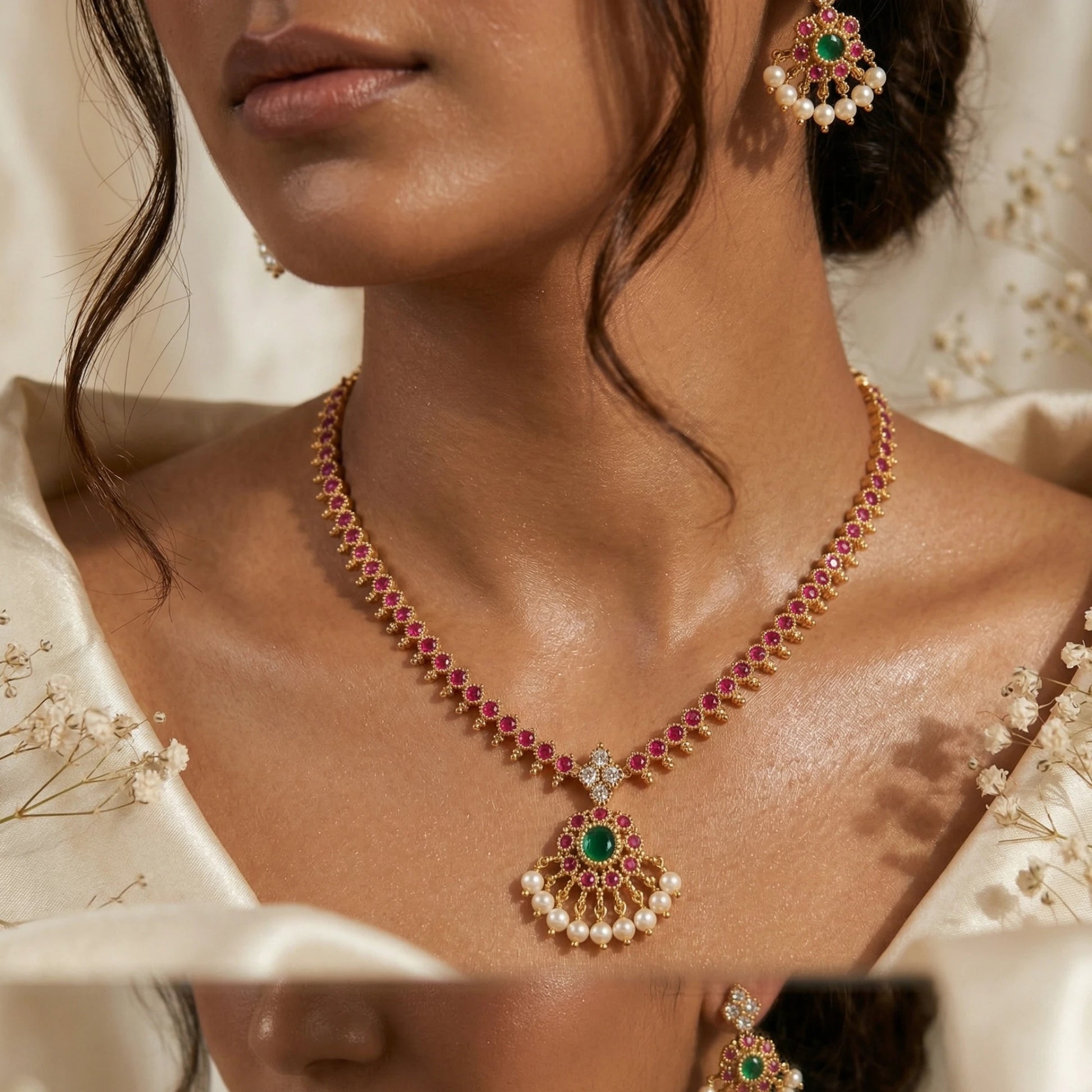 Woman wearing a gold toned addigai necklace with ruby red and green gemstones and pearl earrings.