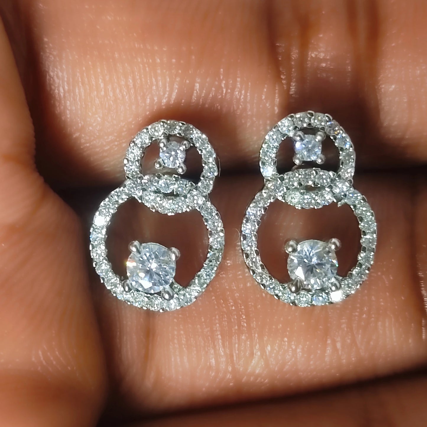 Cubic Zirconia Double Round Studs with Rhodium plated Geometry Jewelry