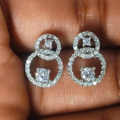 Cubic Zirconia Double Round Studs with Rhodium plated Geometry Jewelry
