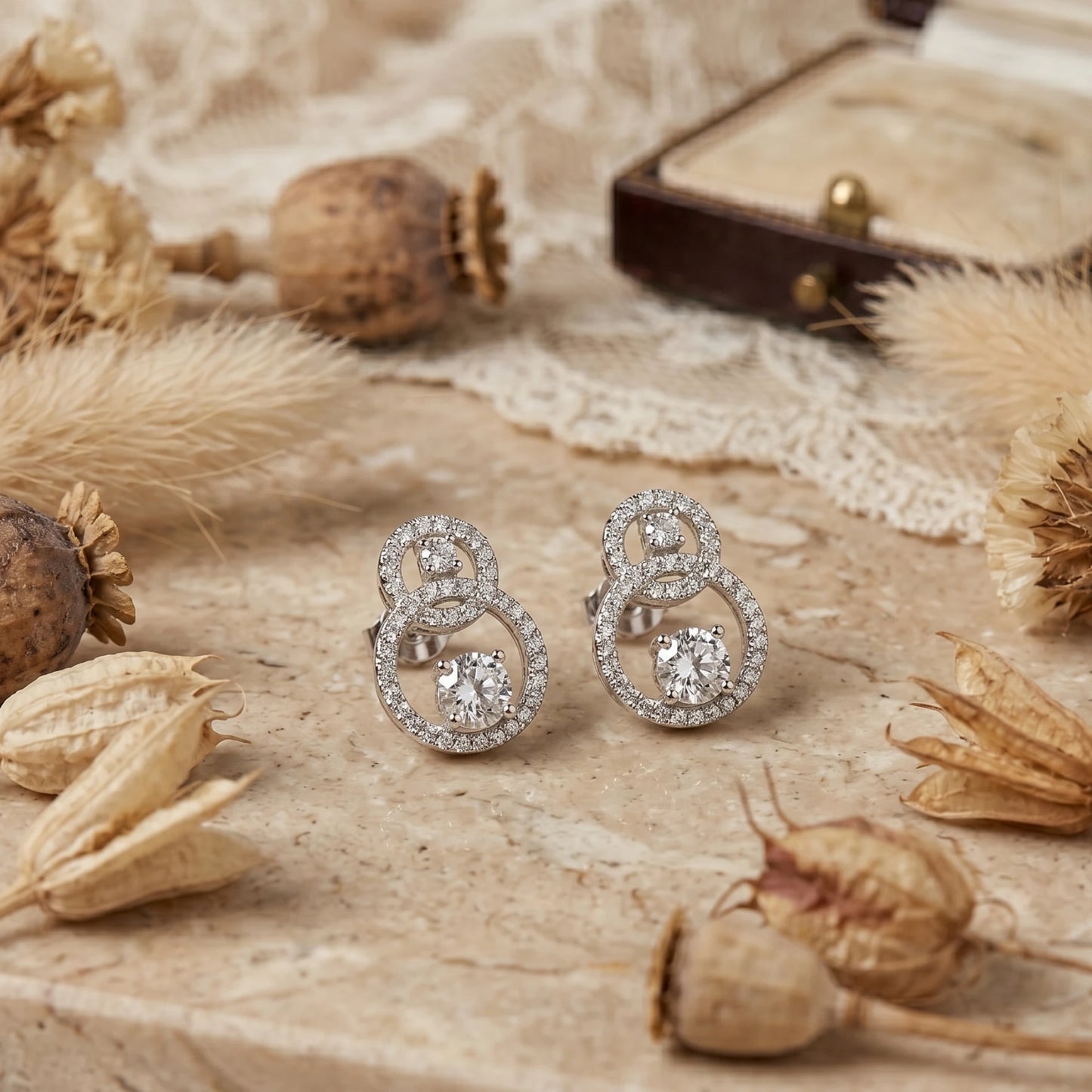 Cubic Zirconia Double Round Studs with Rhodium plated Geometry Jewelry