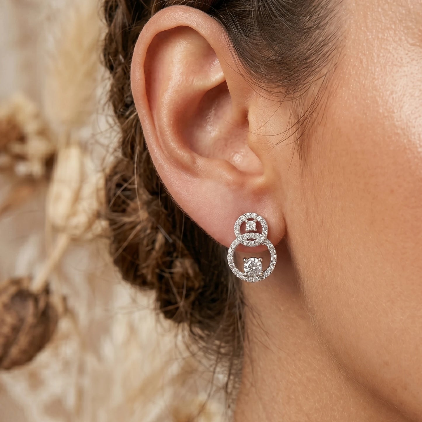 Cubic Zirconia Double Round Studs with Rhodium plated Geometry Jewelry