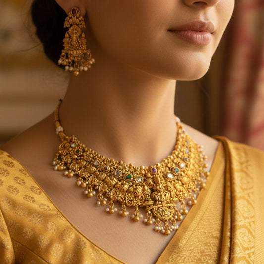 Woman wearing a Antique Gold Finish Bridal necklace and earrings with a blurred background