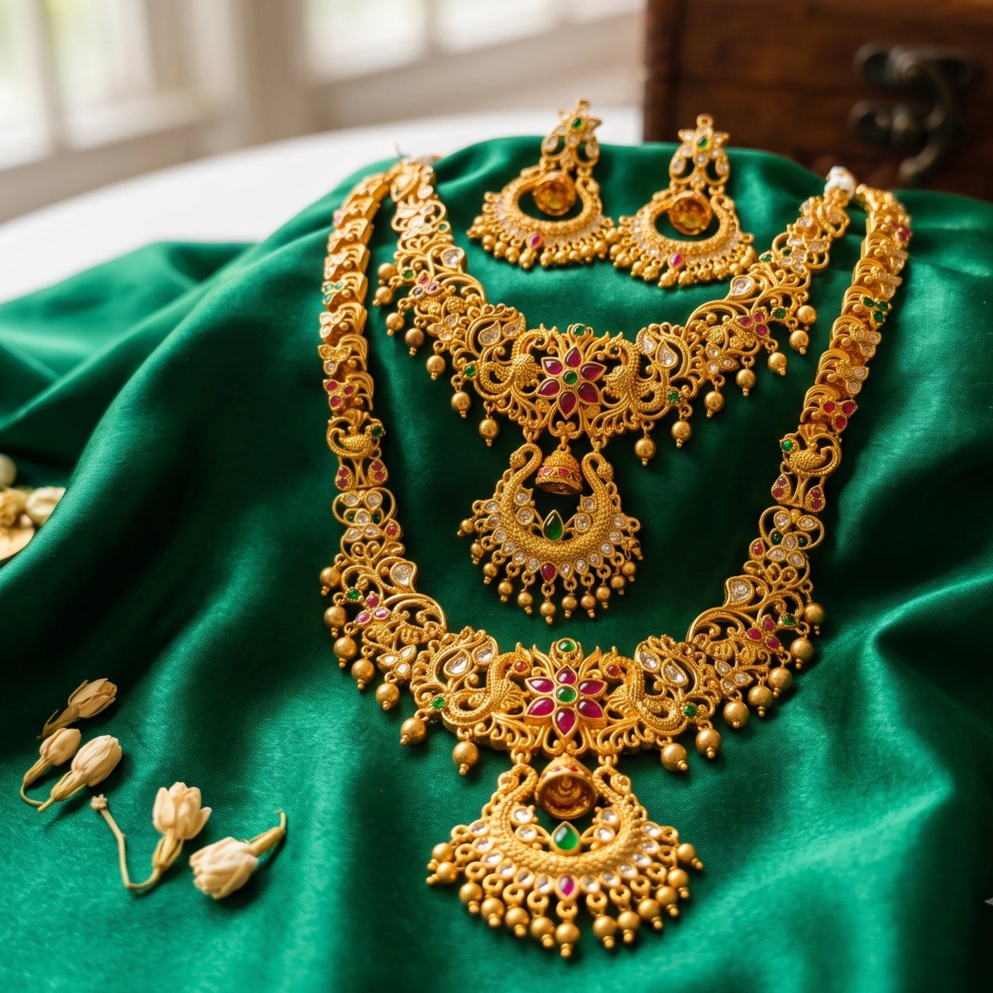 A rare collector's bridal set featuring an exquisite, intricately carved Chandbali (crescent) motif rarely seen in traditional South Indian matte temple jewelry layout configurations. Comes with a long haram, a short haram or choker and complimented with a chandbali earrings set