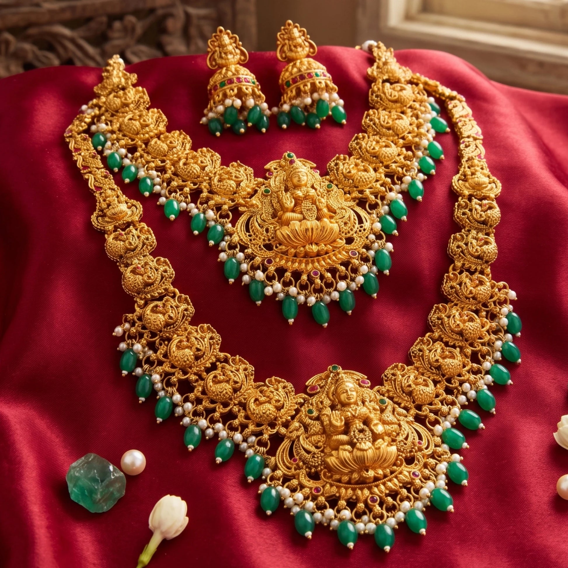 Table highlighting 1 long haram, 1 short haram with matching earrings, the design of the harams has goddess lakshmi as the pendant in the center and peacock design on both the sides of the necklace. the embellishments includes different kinds of stones, pearls and green embellishments and are targeted at occasion like weddings, grahapraveshams and festivities