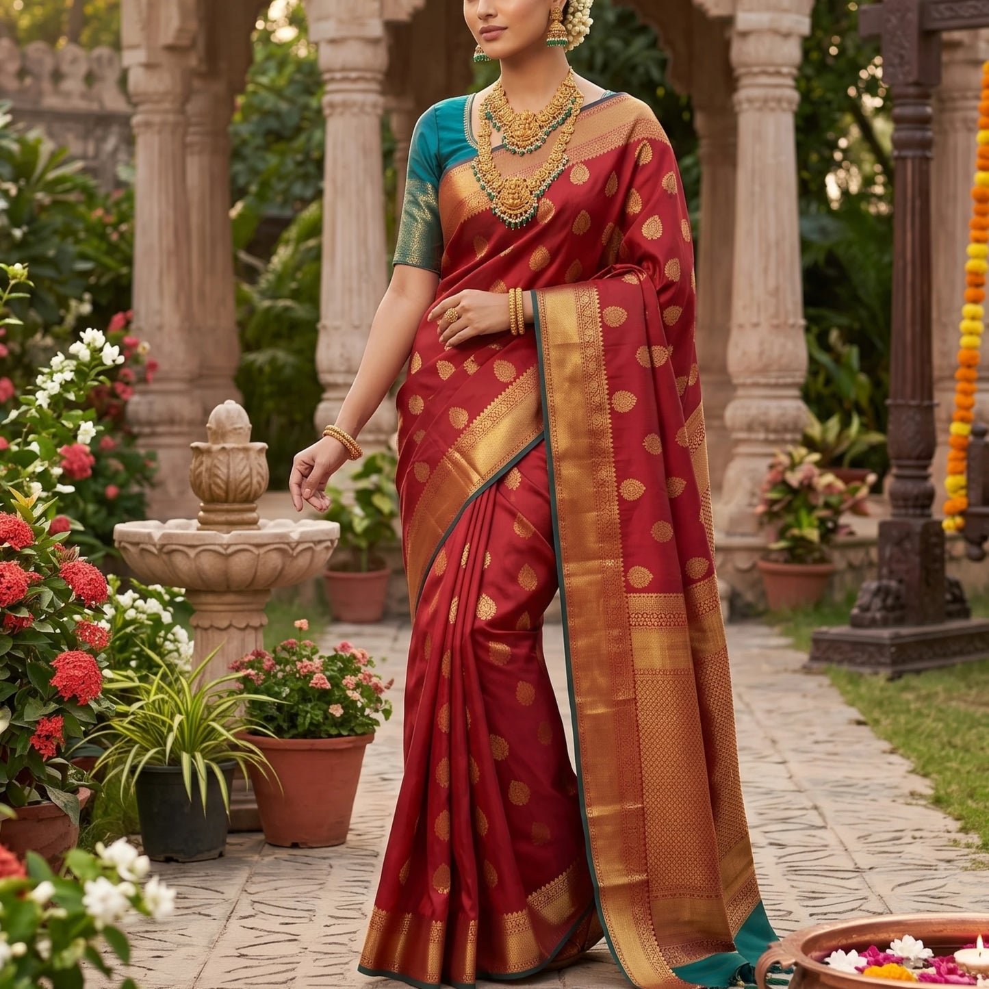 Model wearing 1 long haram, 1 short haram with matching earrings, the design of the harams has goddess lakshmi as the pendant in the center and peacock design on both the sides of the necklace. the embellishments includes different kinds of stones, pearls and green embellishments and are targeted at occasion like weddings, grahapraveshams and festivities
