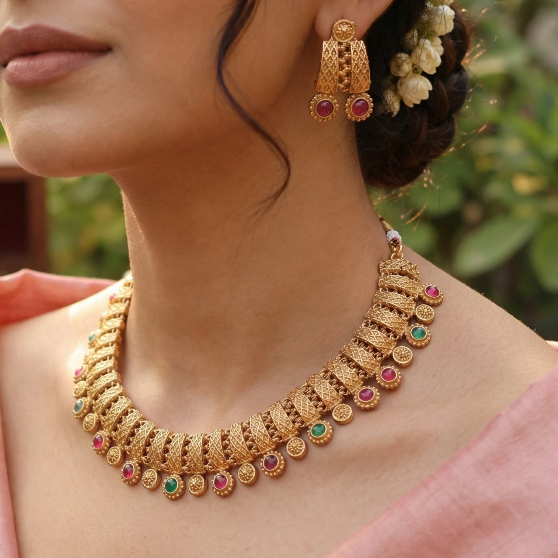 Gold toned necklace with colorful stones worn by a person, with a blurred green background