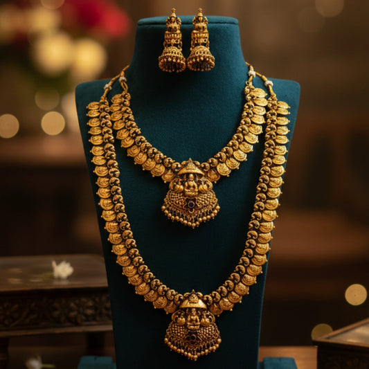  a multi-layered Lakshmi motif antique gold finish temple jewelry set 