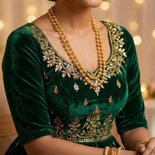 Green embroidered outfit with gold plated jewelry against a blurred background