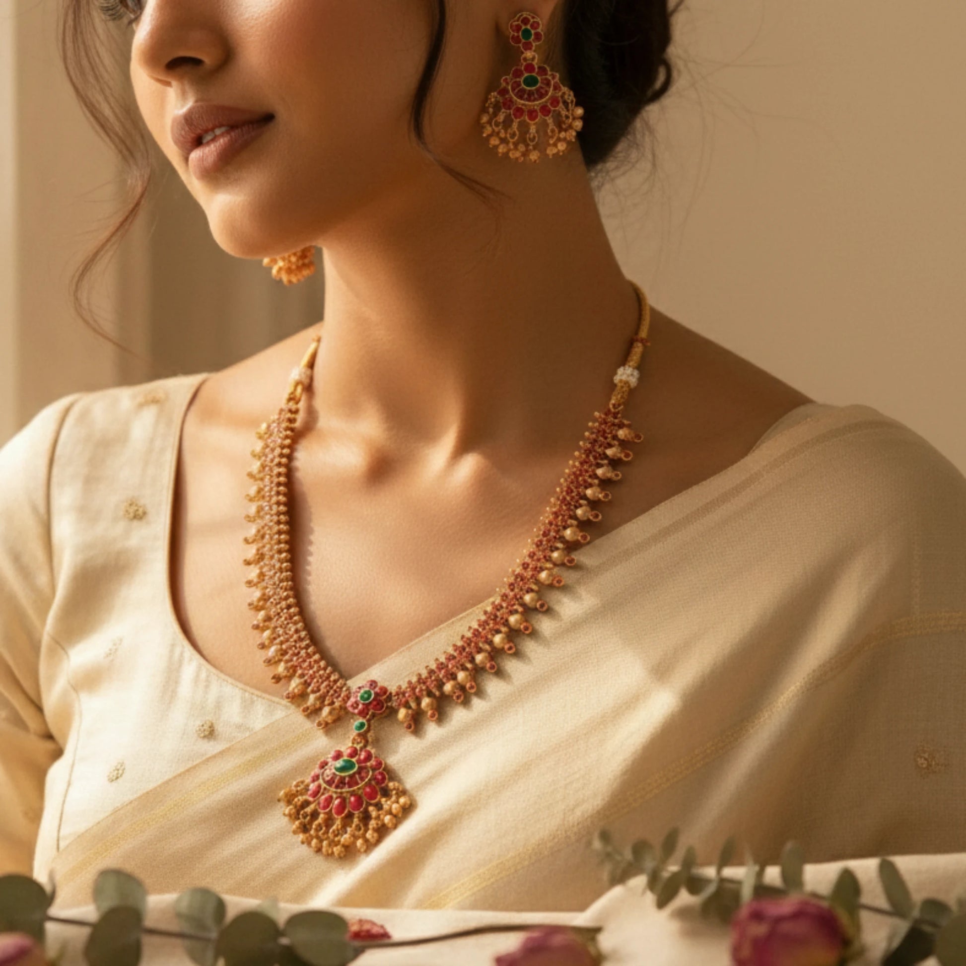 Woman wearing a gold toned necklace and earrings with a neutral background
