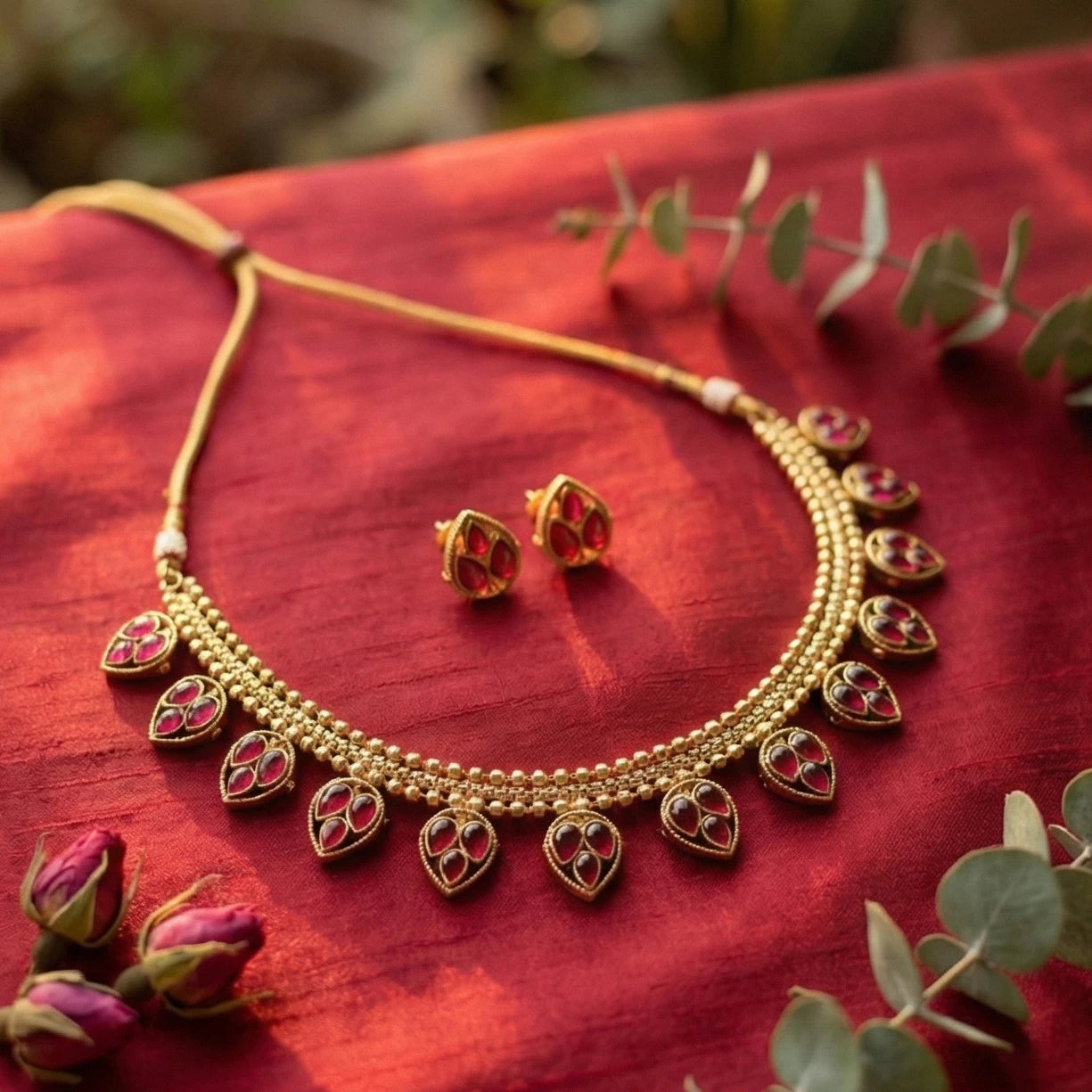 Gold toned necklace and earrings on a red fabric background with green leaves.