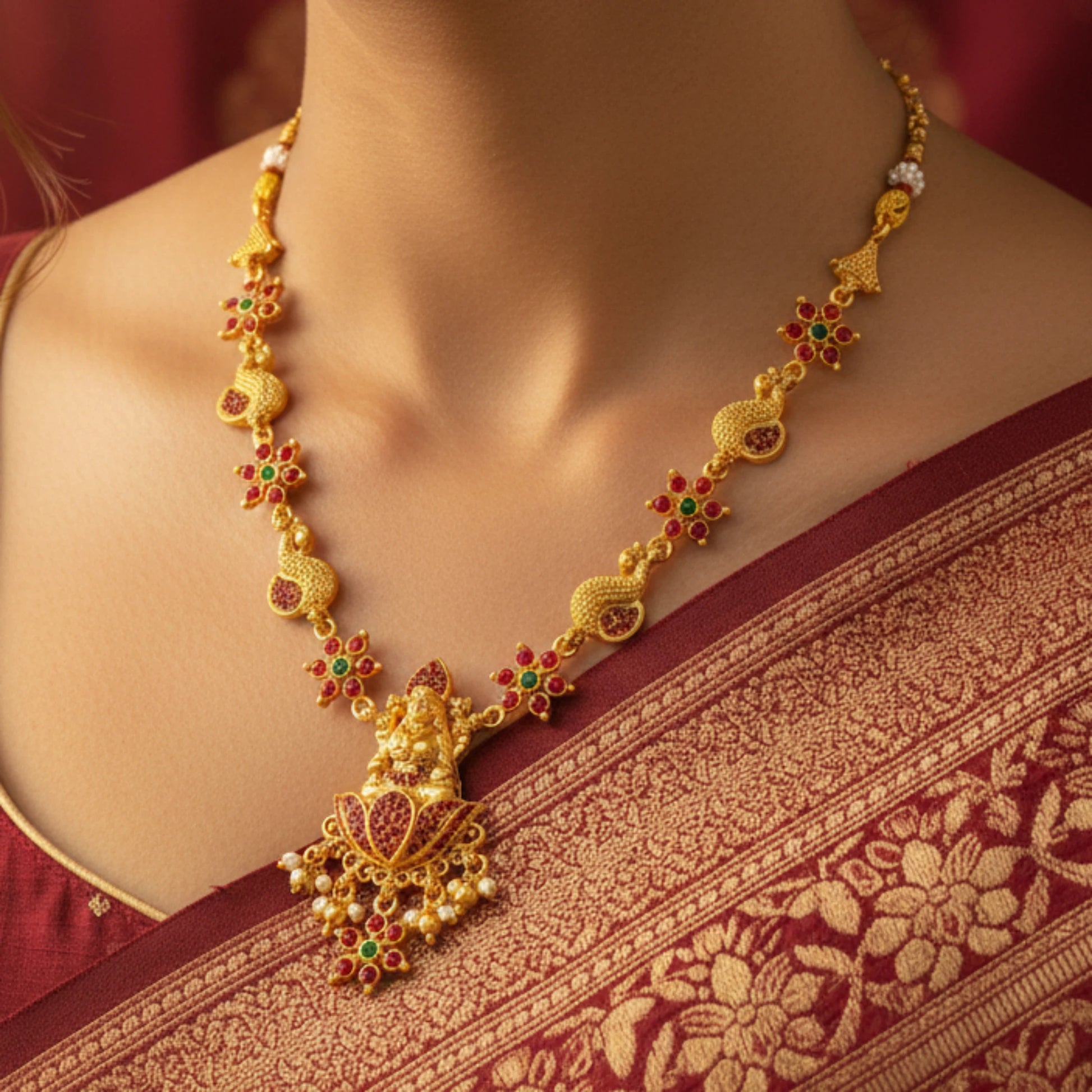 Gold toned necklace with red and green gemstones on a person wearing a maroon saree.