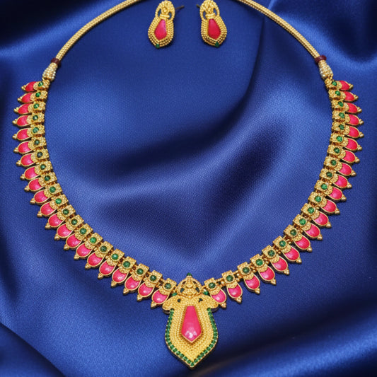 Pink Palakka Haram Pendant with earrings 