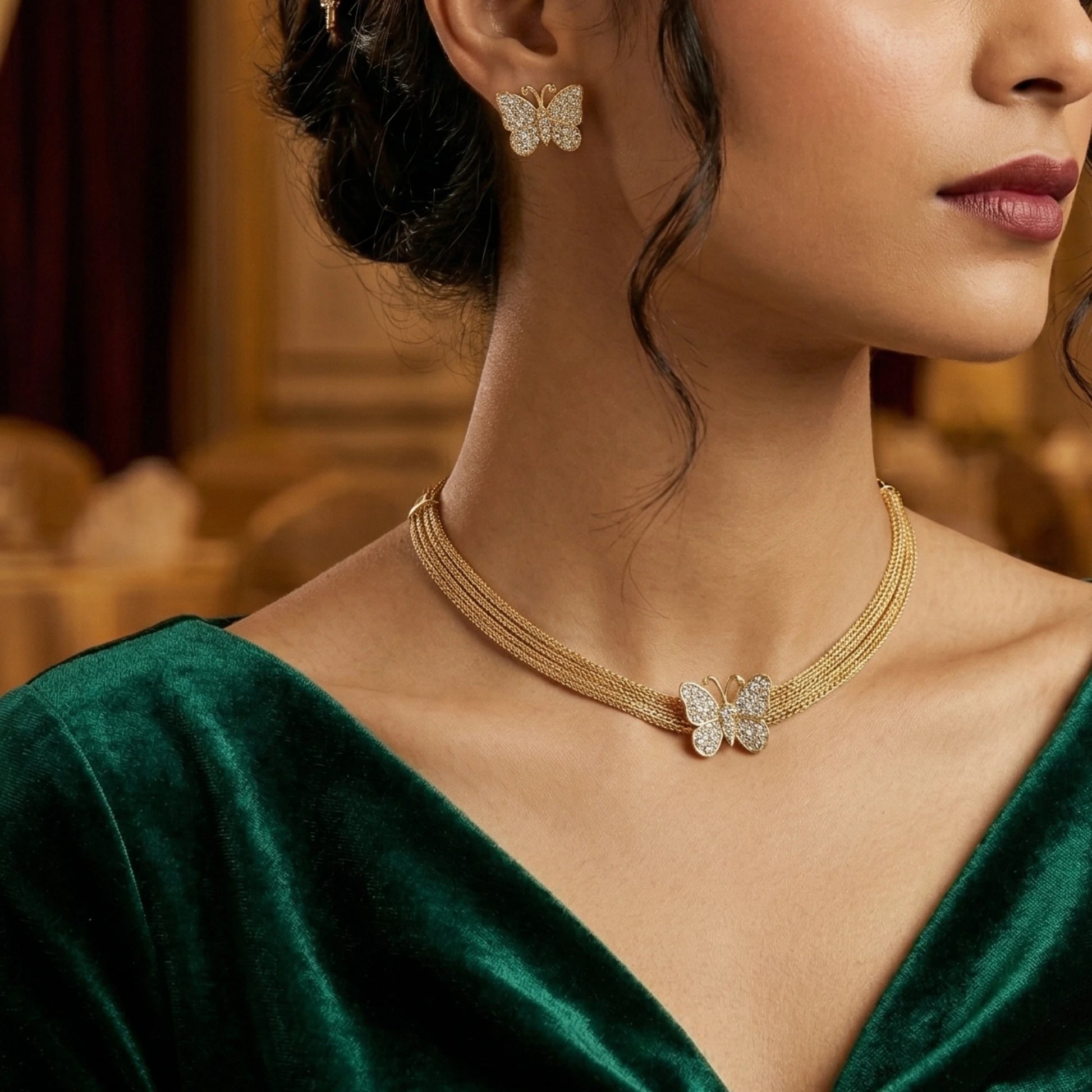 Close-up of a woman wearing a gold toned butterfly necklace and earrings against a blurred background.