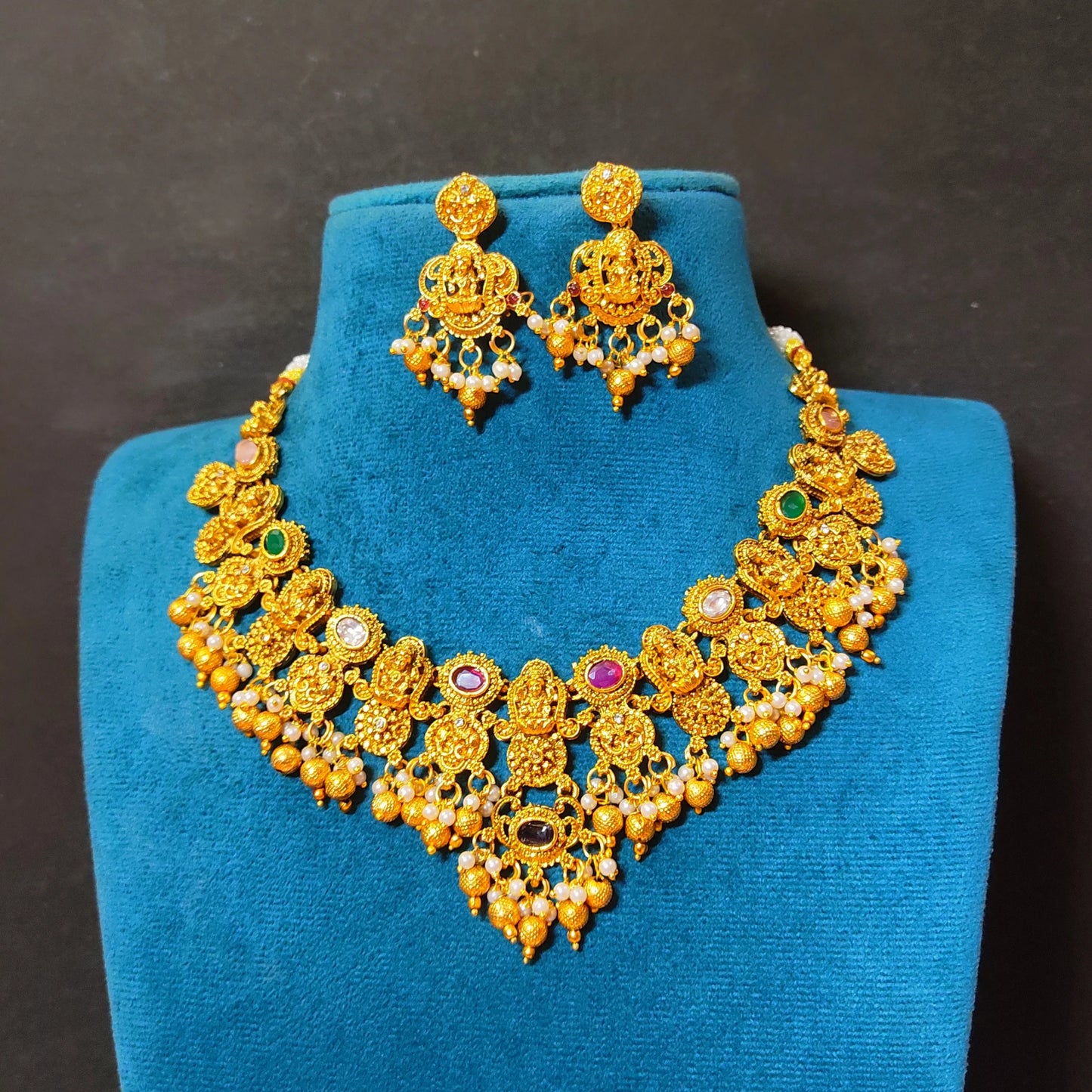 Antique Gold Finish Temple Lakshmi Choker with Multi Color Accents - Temple Jewelry