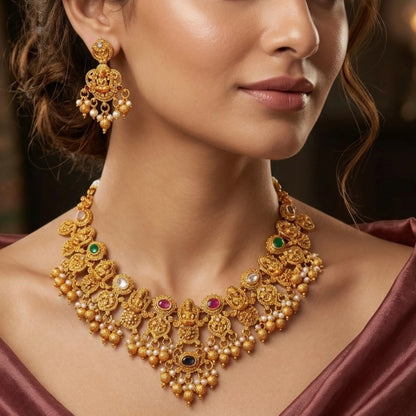 Antique Gold Finish Temple Lakshmi Choker with Multi Color Accents - Temple Jewelry