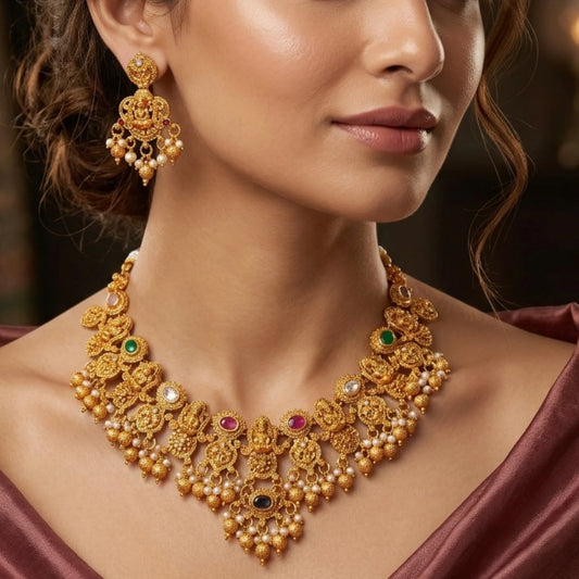 Antique Gold Finish Temple Lakshmi Choker with Multi Color Accents - Temple Jewelry