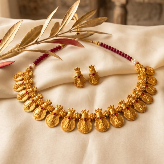 Antique Gold Finish Palakka Choker Set with Lakshmi Coin Pendants - Festive Jewelry