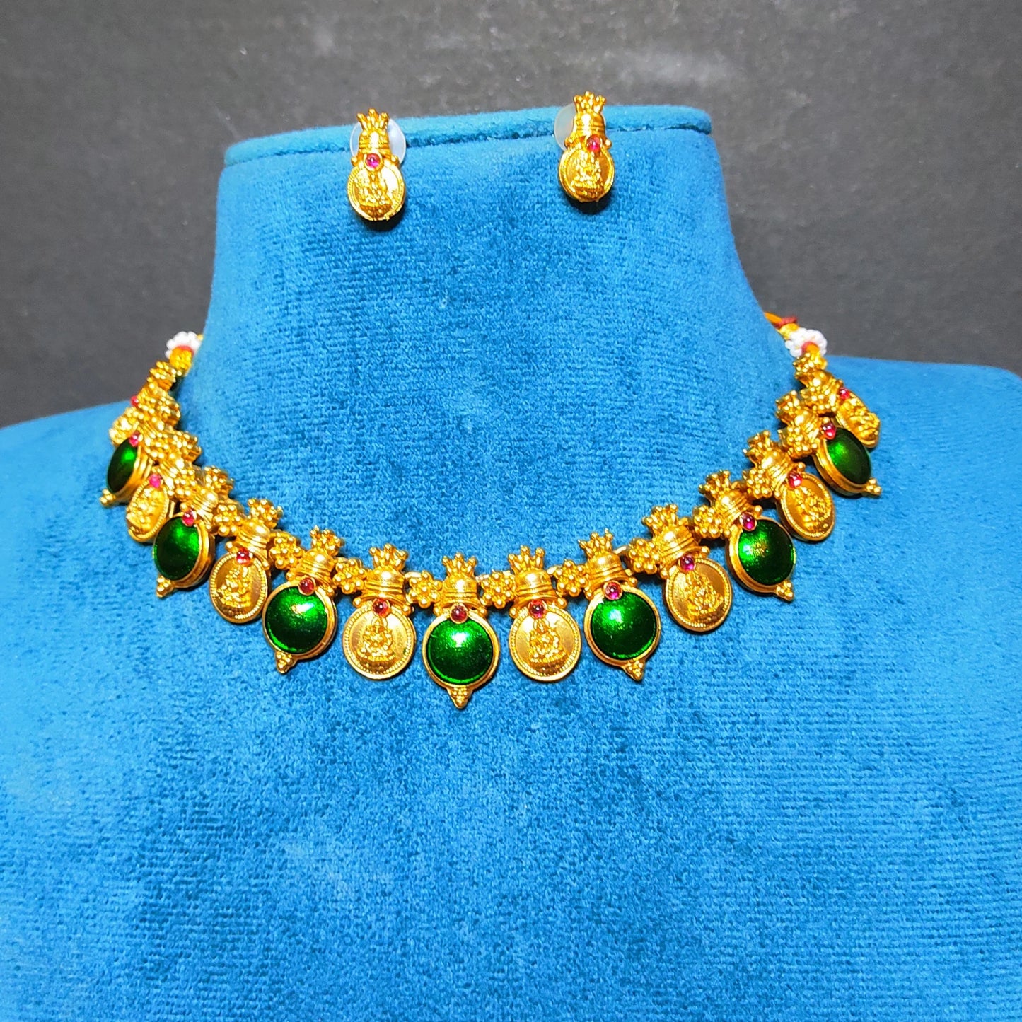 Antique Gold Finish Palakka Choker Set with Lakshmi Coin Pendants - Festive Jewelry