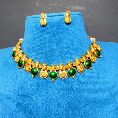 Antique Gold Finish Palakka Choker Set with Lakshmi Coin Pendants - Festive Jewelry