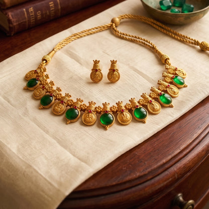 Antique Gold Finish Palakka Choker Set with Lakshmi Coin Pendants - Festive Jewelry