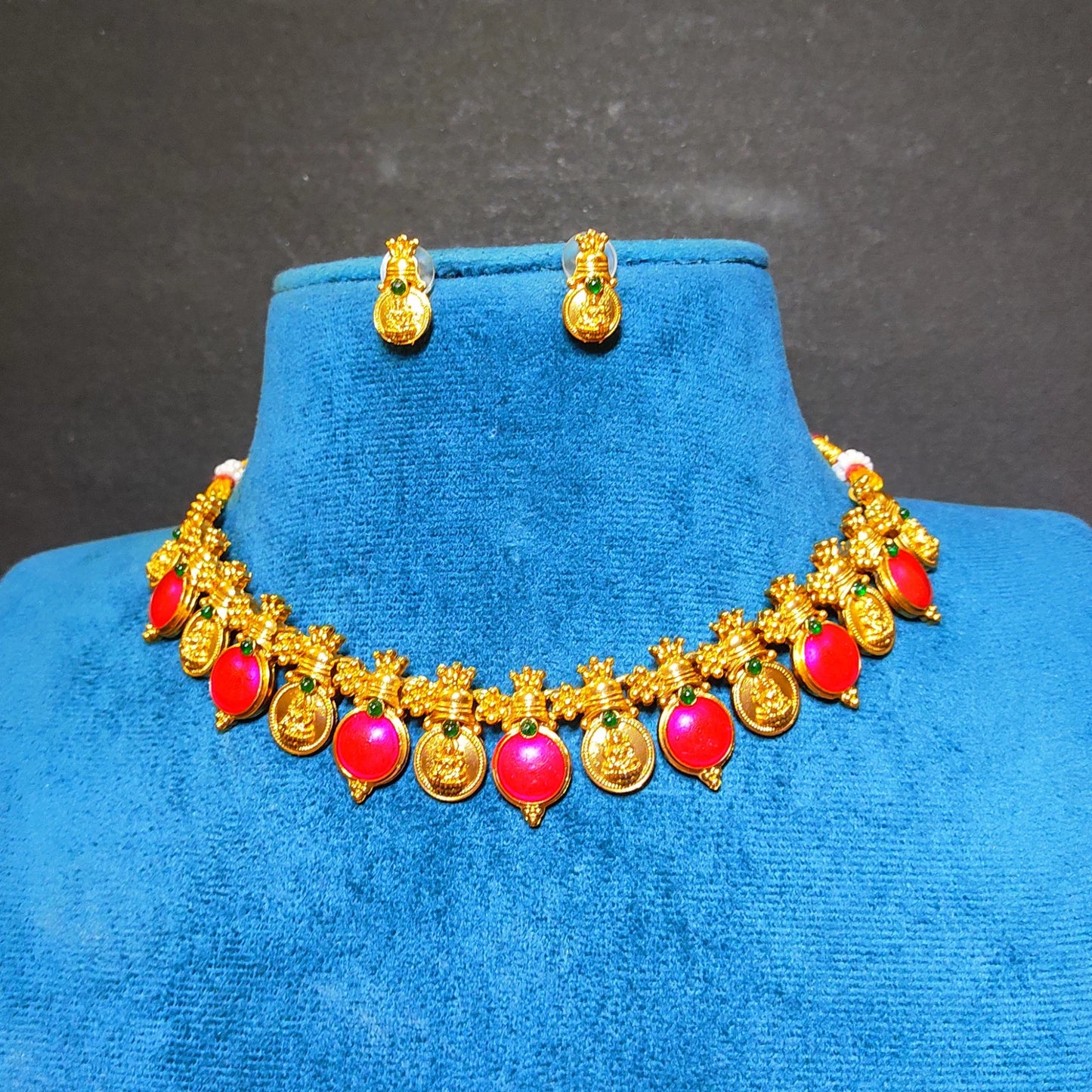 Antique Gold Finish Palakka Choker Set with Lakshmi Coin Pendants - Festive Jewelry