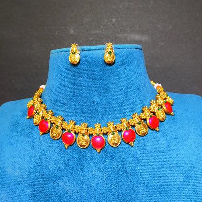 Antique Gold Finish Palakka Choker Set with Lakshmi Coin Pendants - Festive Jewelry