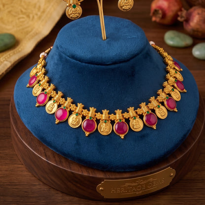 Antique Gold Finish Palakka Choker Set with Lakshmi Coin Pendants - Festive Jewelry