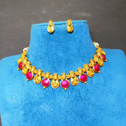 Antique Gold Finish Palakka Choker Set with Lakshmi Coin Pendants - Festive Jewelry