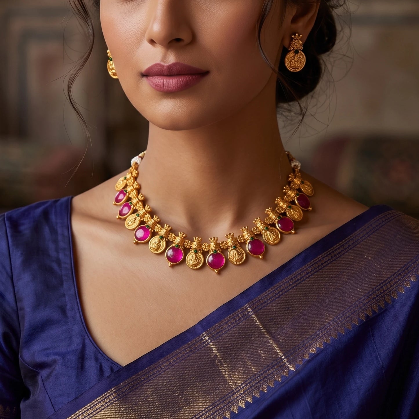Antique Gold Finish Palakka Choker Set with Lakshmi Coin Pendants - Festive Jewelry